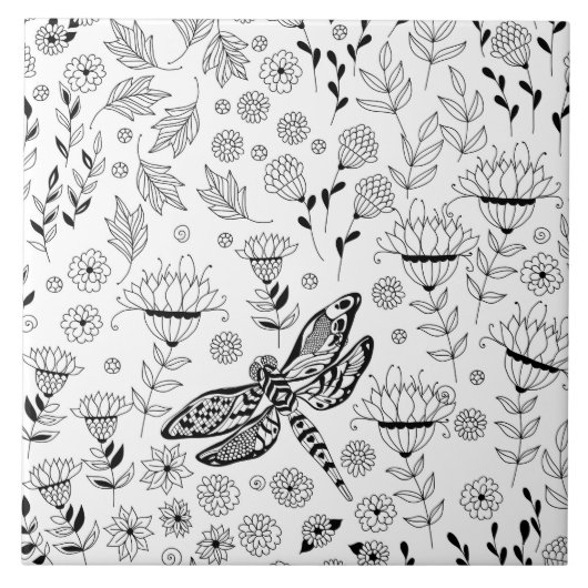 Dragonfly en bloemen tegeltje (Voorkant)