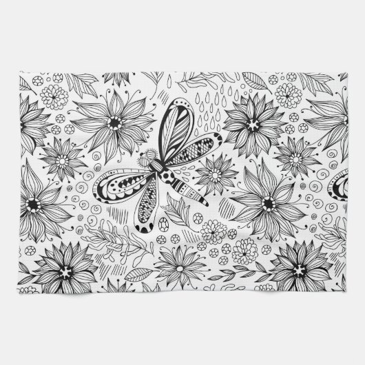 Dragonfly en bloemen theedoek (Horizontaal)