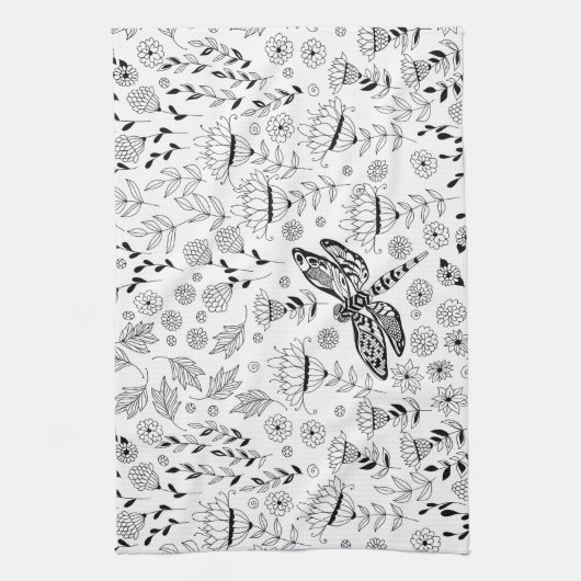 Dragonfly en bloemen theedoek (Verticaal)