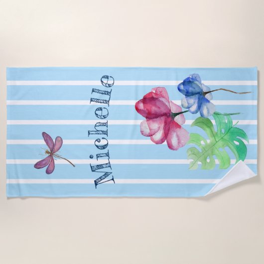 Dragonfly en bloemige Waterverf wassen met strepen Strandlaken (Voorkant)