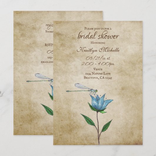 Dragonfly en Blue Flower Vrijgezellenfeest Kaart (Voorkant / Achterkant)