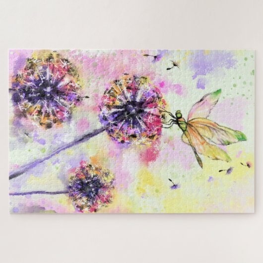 Dragonfly en Dandelions - Waterverf schilderen Legpuzzel (Horizontaal)