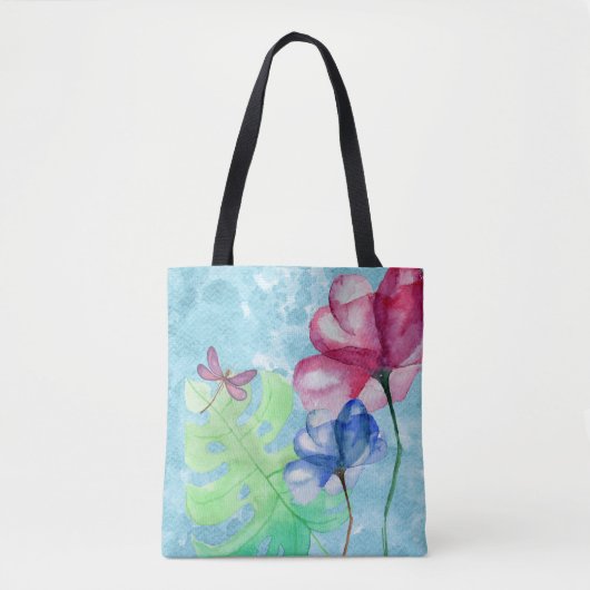 Dragonfly en Floral Waterverf Tote Bag (Voorkant)