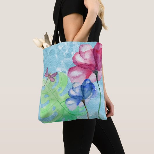 Dragonfly en Floral Waterverf Tote Bag (Dichtbij)
