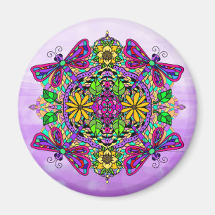 Dragonfly en Flowers Mandala Magneet