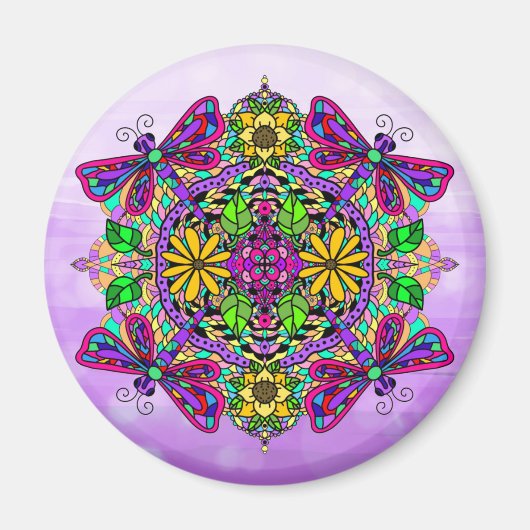 Dragonfly en Flowers Mandala Magneet (Voorkant)