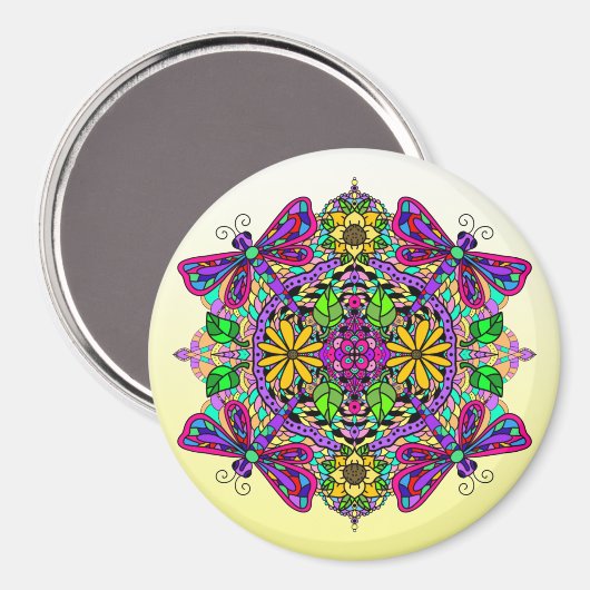 Dragonfly en Flowers Mandala Magnet (Voorkant / Achterkant)