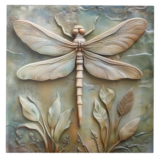 Dragonfly en gebladerte Faux Relief Tegeltje (Voorkant)