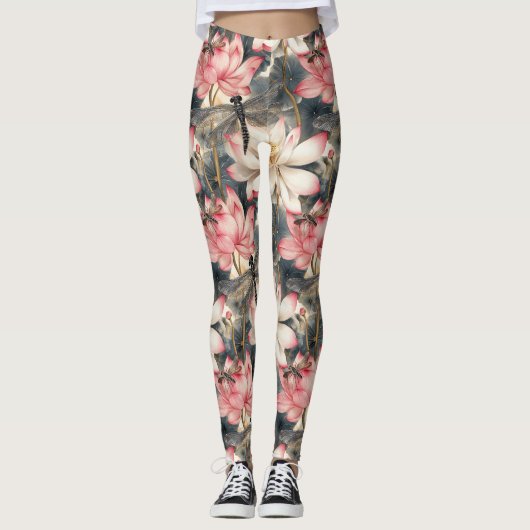 Dragonfly en Lichtroze Lotus Design Leggings (Voorkant)