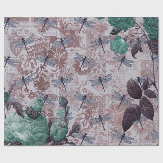 Dragonfly en Paarse Floral Newsprint Cadeaupapier (Vlak)