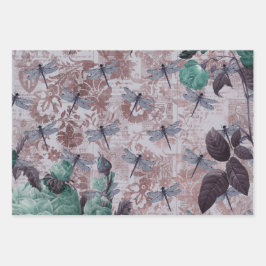 Dragonfly en Paarse Floral Newsprint Inpakpapier Vel