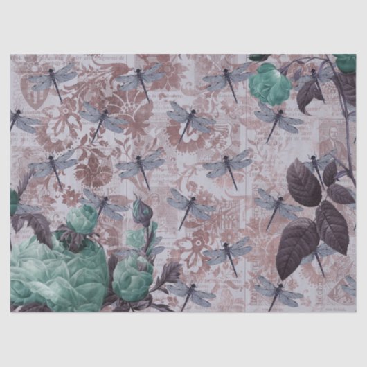 Dragonfly en Paarse Floral Newsprint Tissuepapier (Voorkant)