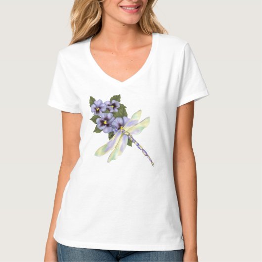 Dragonfly en Pansies T-shirt (Voorkant)