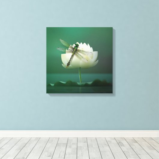 Dragonfly en Water Lily Canvas Afdruk (Insitu (Houten vloer))