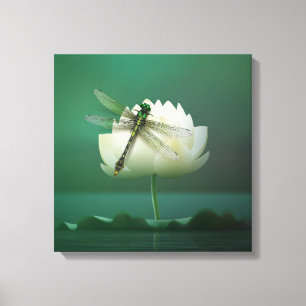 Dragonfly en Water Lily Canvas Afdruk