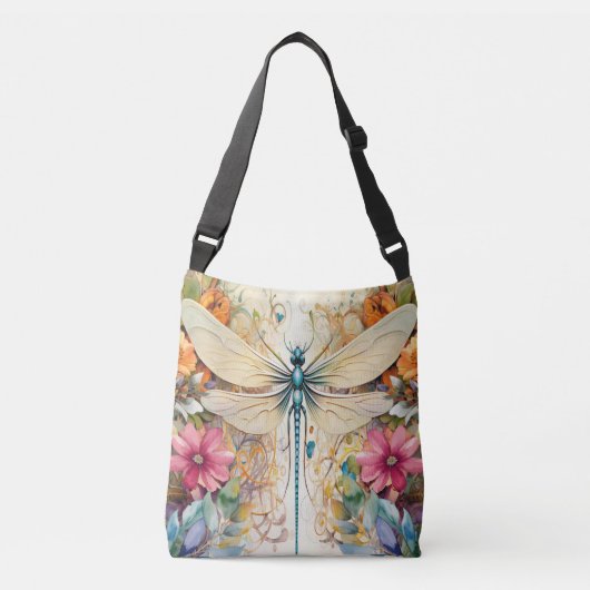 Dragonfly en wilde bloemen crossbody tas (Voorkant)