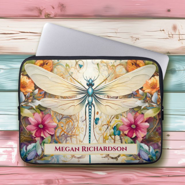 Dragonfly en wilde bloemen met naam laptop sleeve (Creator heeft geüpload)