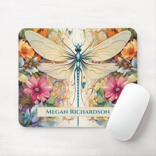 Dragonfly en wilde bloemen met naam muismat (Met muis)