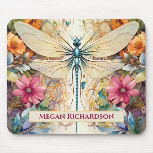 Dragonfly en wilde bloemen met naam muismat (Voorkant)