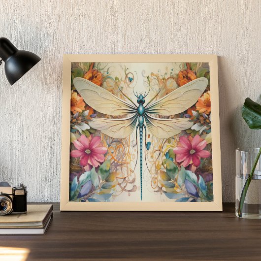Dragonfly en wilde bloemen poster