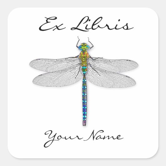 Dragonfly Ex Libris Boekplaten Vierkante Sticker (Voorkant)
