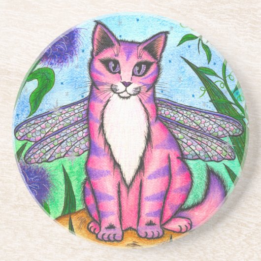 Dragonfly Fairy Cat Fantasy Art Onderzetter (Voorkant)