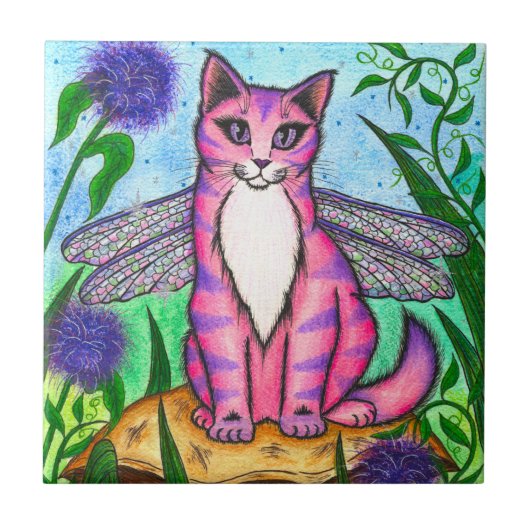 Dragonfly Fairy Cat Fantasy Art Tile Tegeltje (Voorkant)