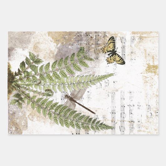 Dragonfly Fern Butterfly Bird Music Gold Decoupage Inpakpapier Vel (Voorkant)