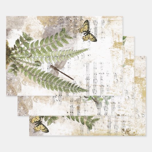 Dragonfly Fern Butterfly Bird Music Gold Decoupage Inpakpapier Vel (Set)