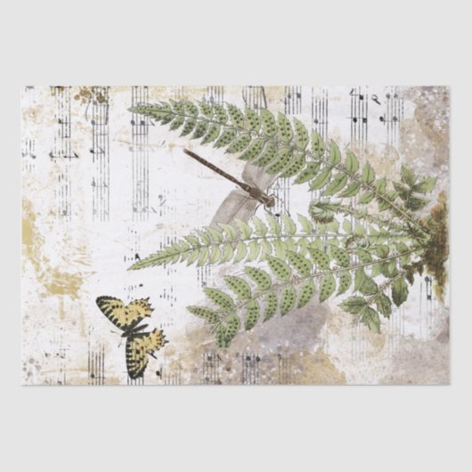 Dragonfly Fern Butterfly Music Gold Decoupage Idee Tissuepapier (Voorkant)