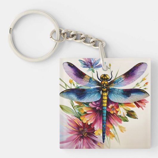 Dragonfly Floral Multicolor Art Sleutelhanger (Voorkant)