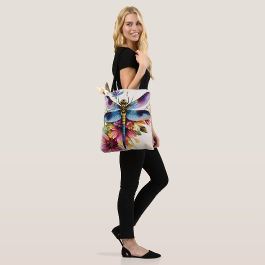 Dragonfly Floral Multicolor Art Tote Bag (Op model)