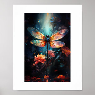 Dragonfly Flower Art - Glas in lood Poster