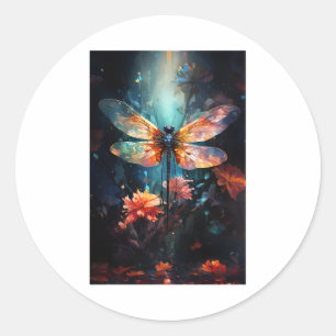 Dragonfly Flower Art - Glas in lood Ronde Sticker