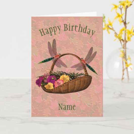 Dragonfly Flower Basket Art, gepersonaliseerd op z Kaart (Gele Bloem)