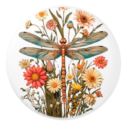 Dragonfly & Flowers Ceramic Knob Keramische Knop (Voorkant)