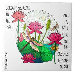 Dragonfly & Flowers, een vers uit Psalm 37:4 Tegeltje