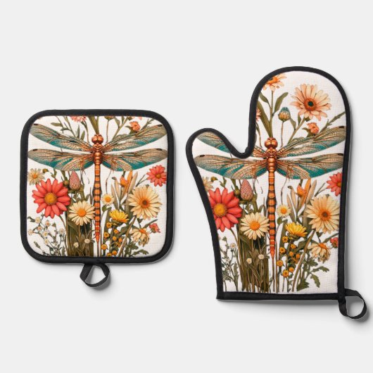 DragonFly & Flowers Oven Mitt and Potholders Set (Voorkant)