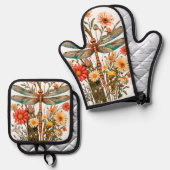 DragonFly & Flowers Oven Mitt and Potholders Set (Voorkant / Achterkant)