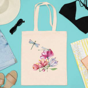 Dragonfly Flowers Waterverf Lente Zomer Tote Bag