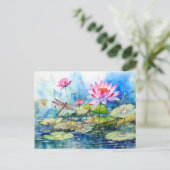 Dragonfly flying through pink water lilies feestdagenkaart (Staand voorkant)