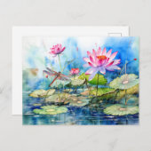 Dragonfly flying through pink water lilies feestdagenkaart (Voorkant / Achterkant)