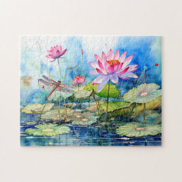 Dragonfly flying through pink water lilies legpuzzel