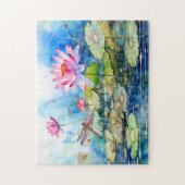 Dragonfly flying through pink water lilies legpuzzel (Verticaal)