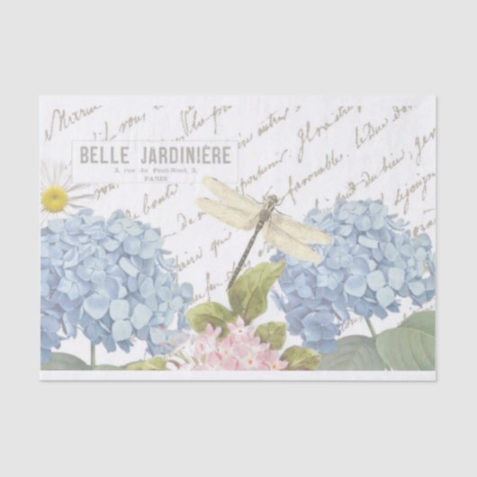 Dragonfly Frans Script Blue Pink Hydrangea Flower Tissuepapier (Voorkant)