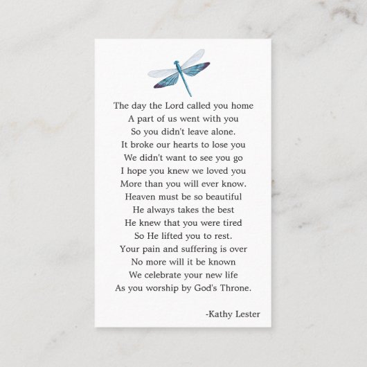 Dragonfly Funeral Memorial Prayer Visitekaartje (Achterkant)
