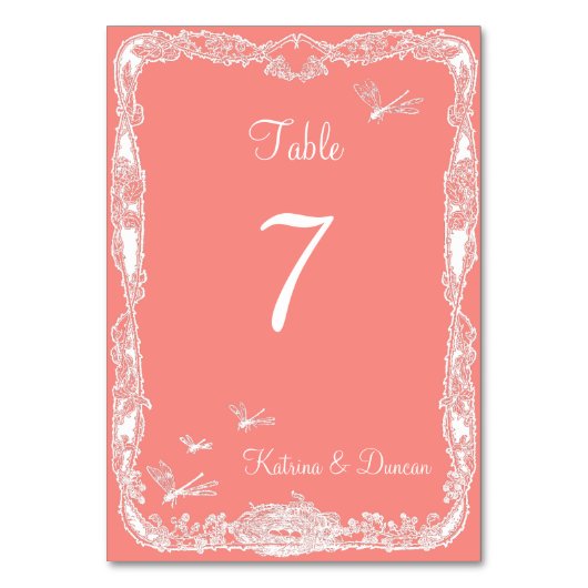 Dragonfly Garden Coral Personalized Table Card Kaart (Voorkant)