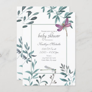 Dragonfly Garden Greenery op White Baby shower Kaart