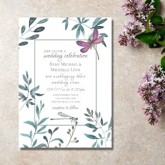  Dragonfly Garden Greenery op White Wedding Kaart
