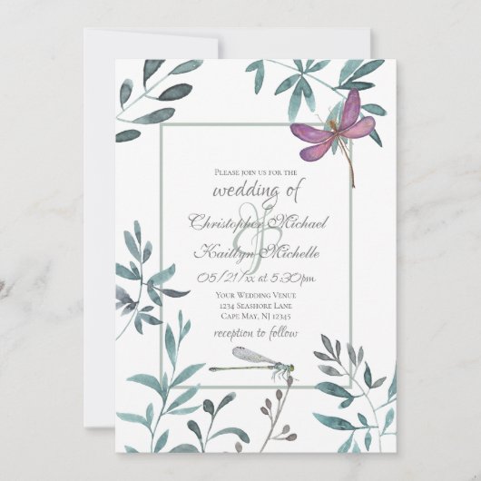 Dragonfly Garden Greenery op White Wedding Kaart (Voorkant)